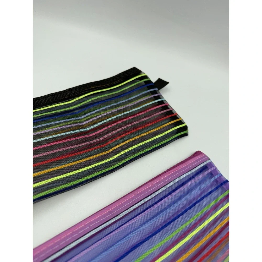 Lot Of 2 Mesh Multi-Color  Striped Pencil Case, Makeup Bags NEW No Tags 9